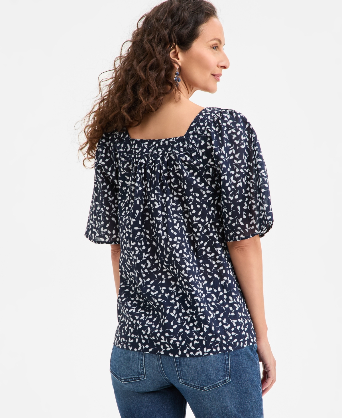 Style & Co Women's Printed Cotton Square-neck Top, Exclusively At Macy's In Fauna Navy