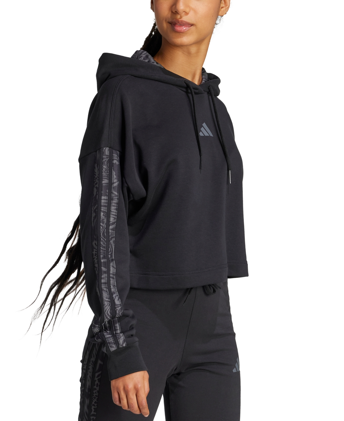 Adidas Originals Women's Printed 3-stripe French Terry Pullover Hoodie In Black