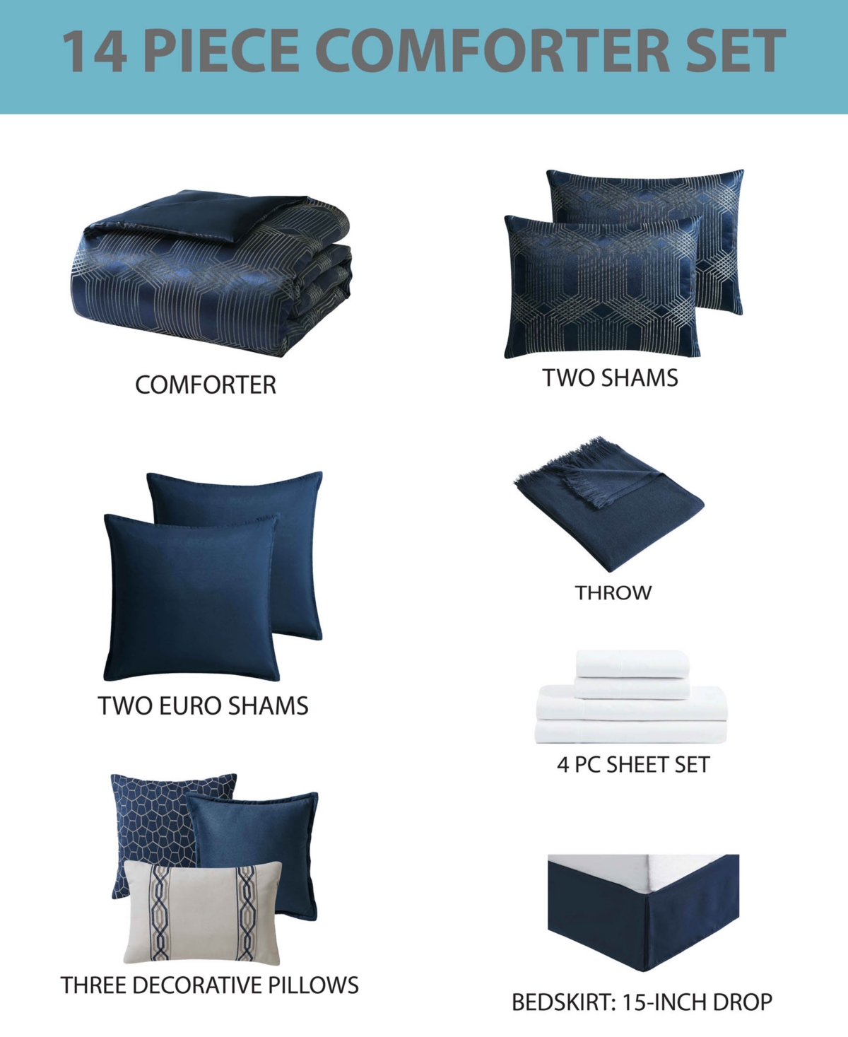 Hallmart Collectibles Orwell 14-pc. Comforter Set, King, Exclusively At Macy's In Navy,gray
