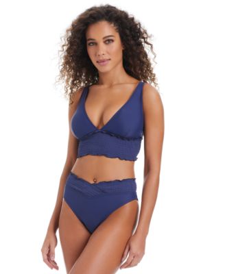 Womens Wave Solids Longline Bikini Top Smocked V Waist High Leg Bikini Bottoms Exclusively At Macys