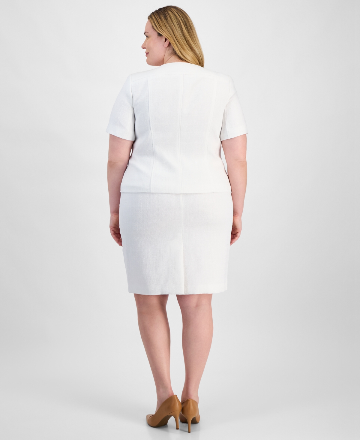 Le Suit Plus Size Tweed Square-neck Button-front Jacket & Slim Skirt In Natural White