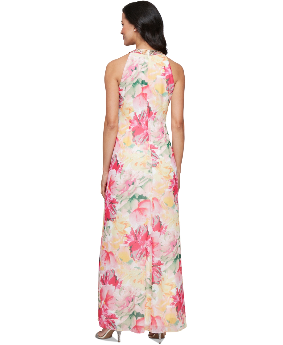Shop Sl Fashions Women's Floral-print Beaded Halter Gown In Pink Multi