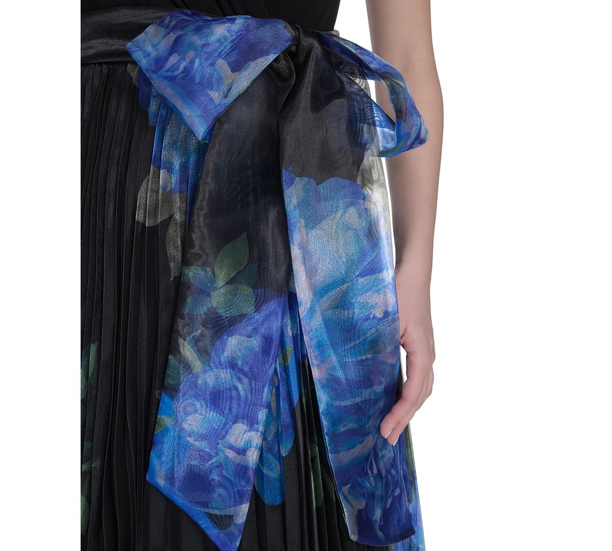 Shop Eliza J Women's Mixed-media V-neck Sleeveless Pleated Gown In Black,blue