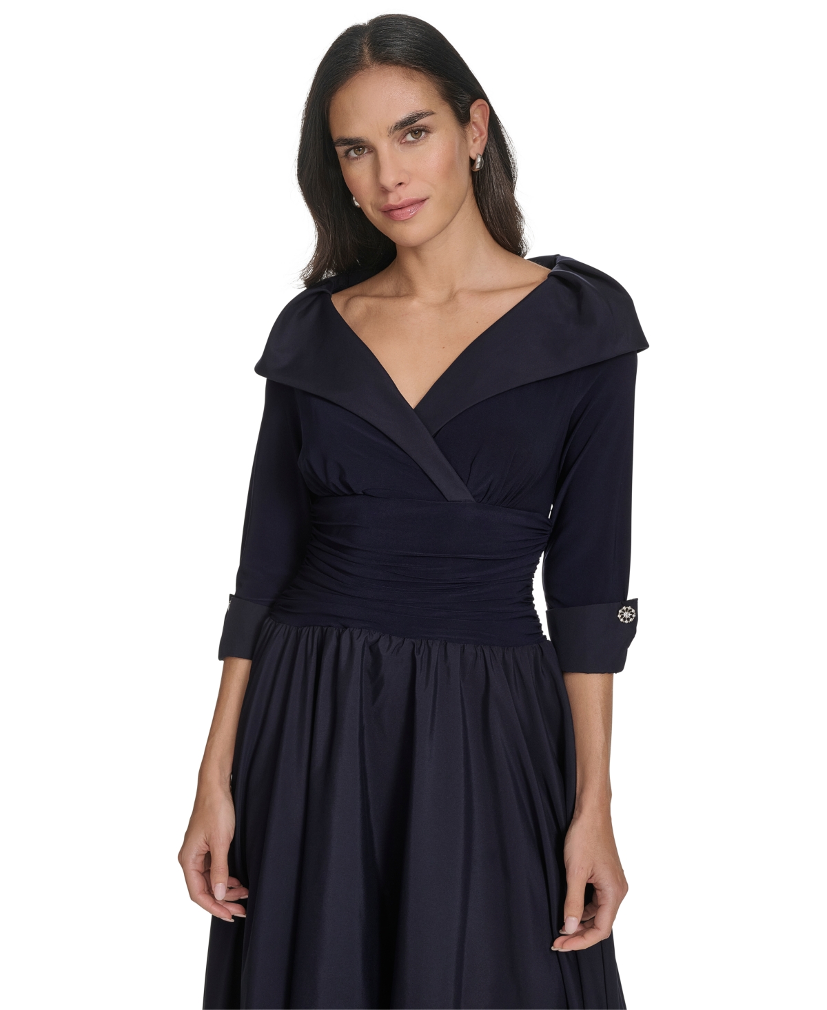 Jessica Howard Petite 3/4-sleeve Portrait-collar Fit & Flare Dress In Navy