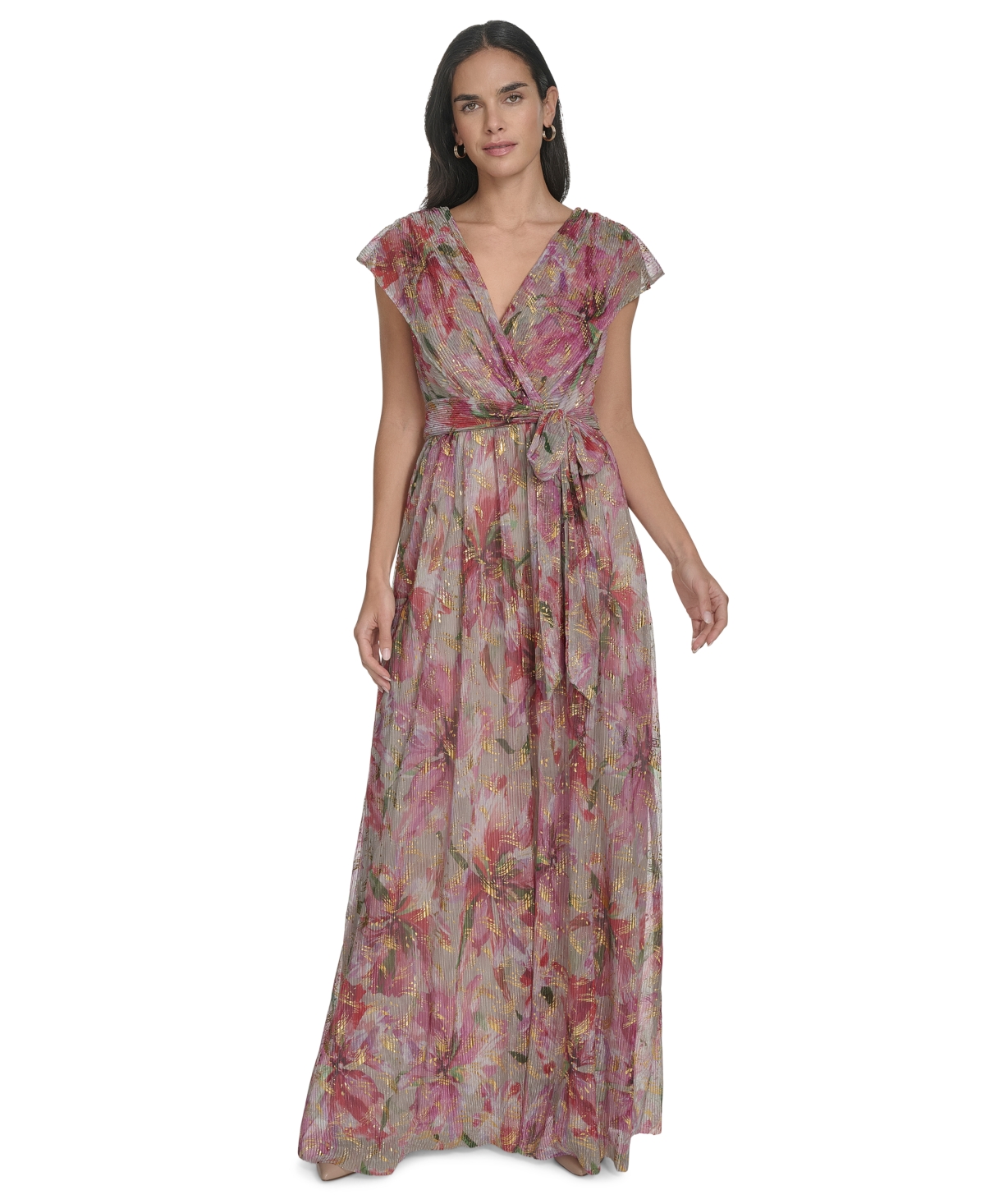 Jessica Howard Plus Size V-neck Shoulder-drape Gown In Poppy Multi