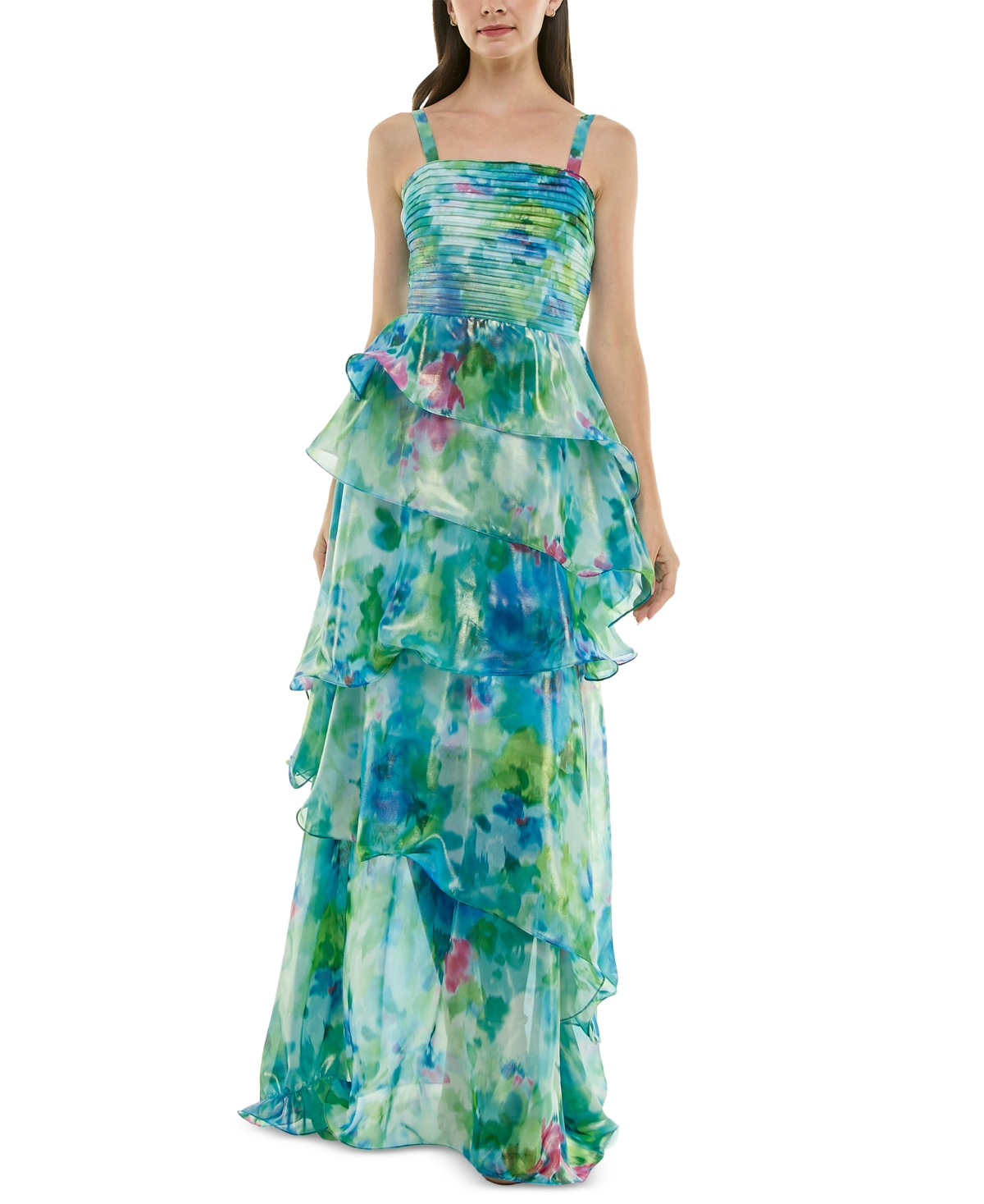 Women's Pleated-Bodice Tiered Chiffon Gown - Tropical Turquoise