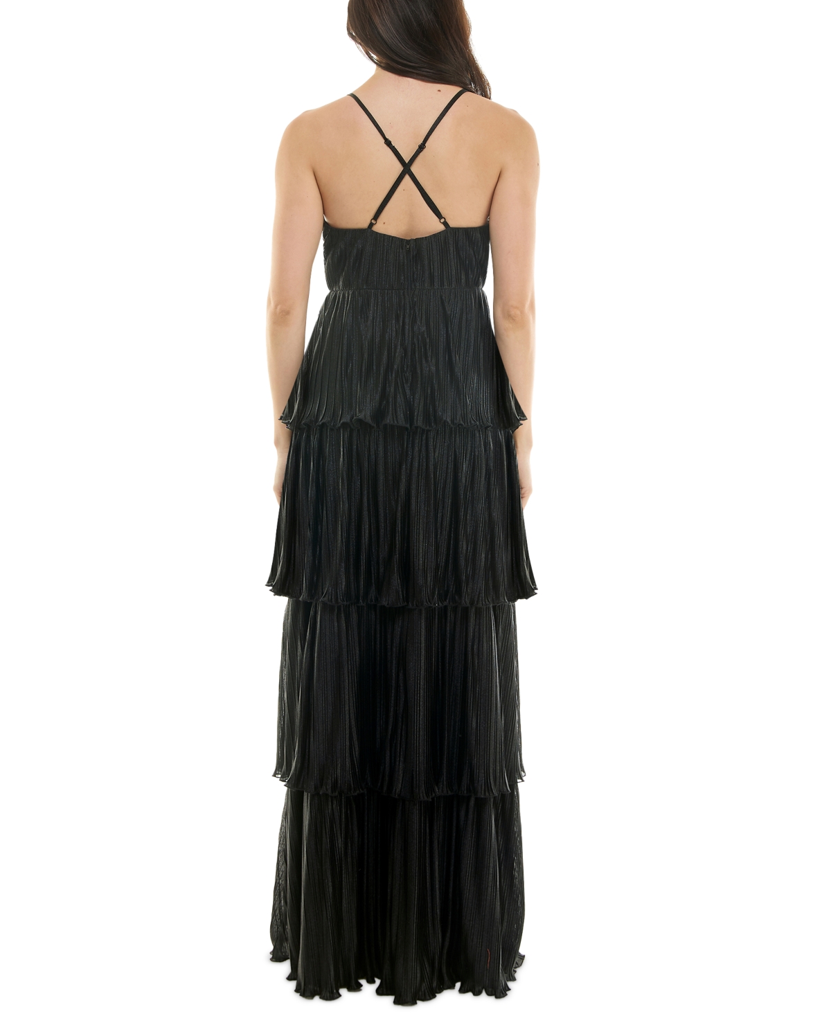 Emerald Sundae Juniors V-neck Ruffle-tiered Sleeveless Gown In Black