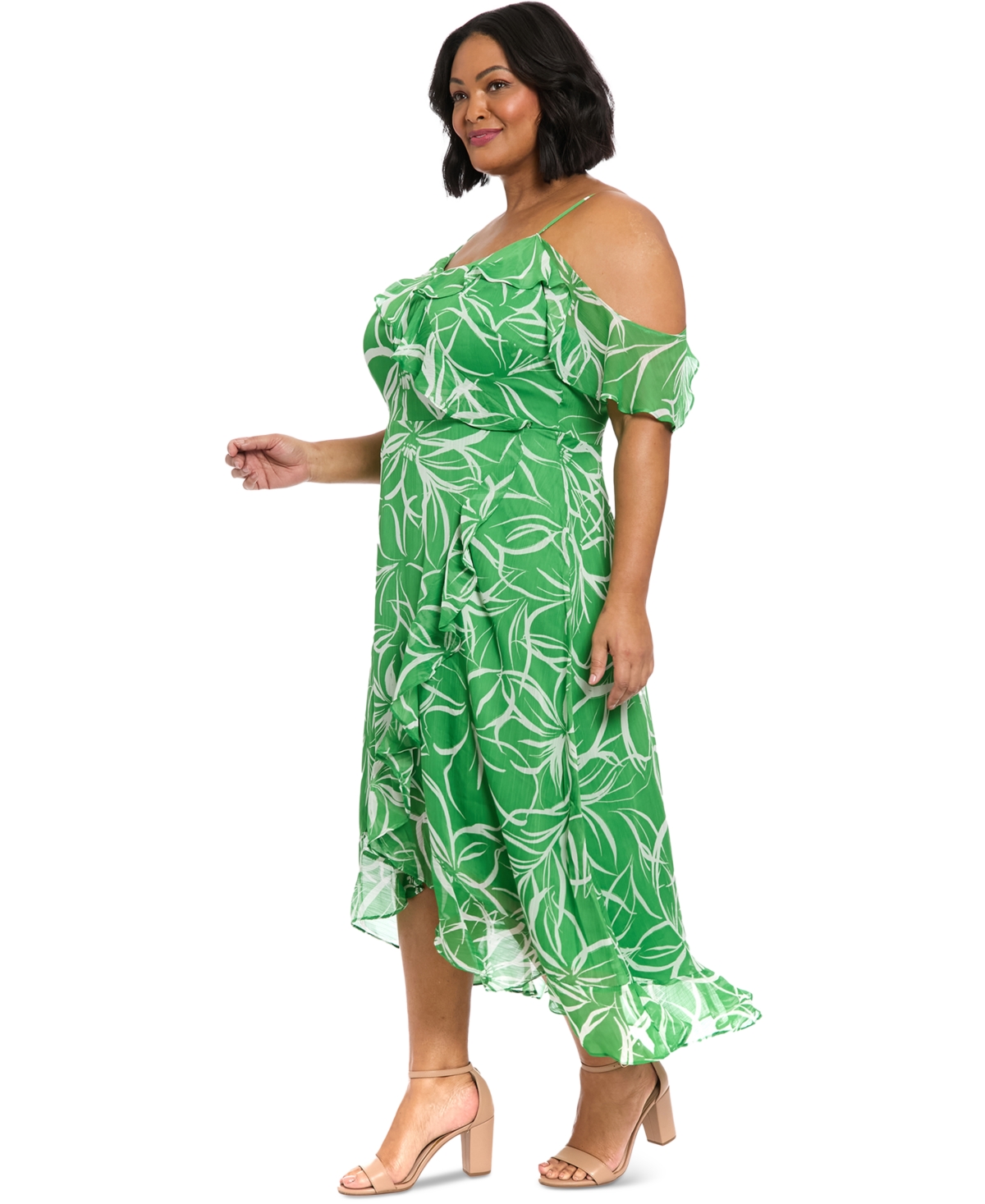 London Times Plus Size Printed Cold-Shoulder Ruffle Dress