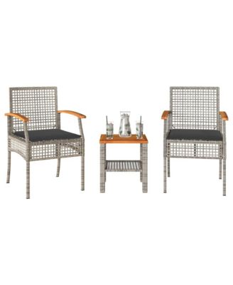3 Piece Bistro Set with Cushions Gray Poly Rattan Acacia Wood
