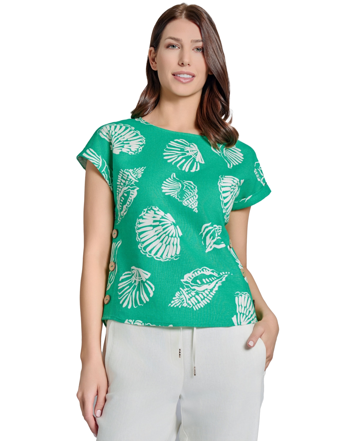 Petite Printed Side-Button Blouse - Kelly