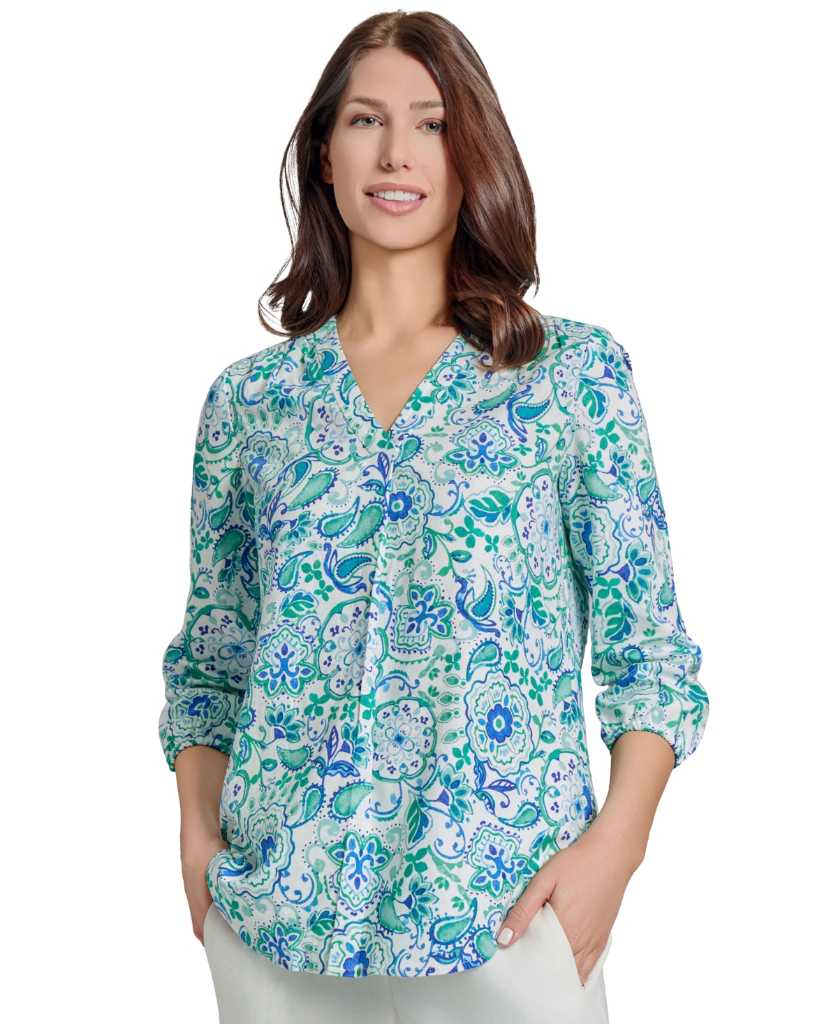 Jones New York Floral Linen Blend Tunic Top In Nyc White