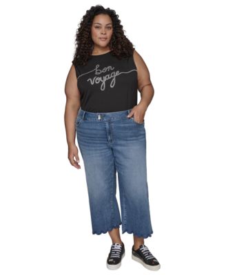 Shop Karl Lagerfeld Plus Size Bon Voyage Graphic T Shirt High Rise Scalloped Hem Jeans In Black