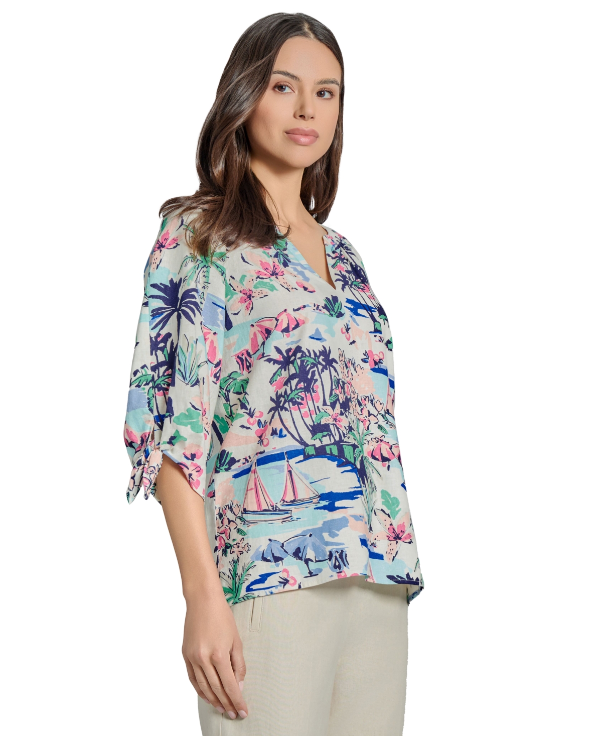 Jones New York Beach Print Tie Sleeve Linen Blend Top In Blue