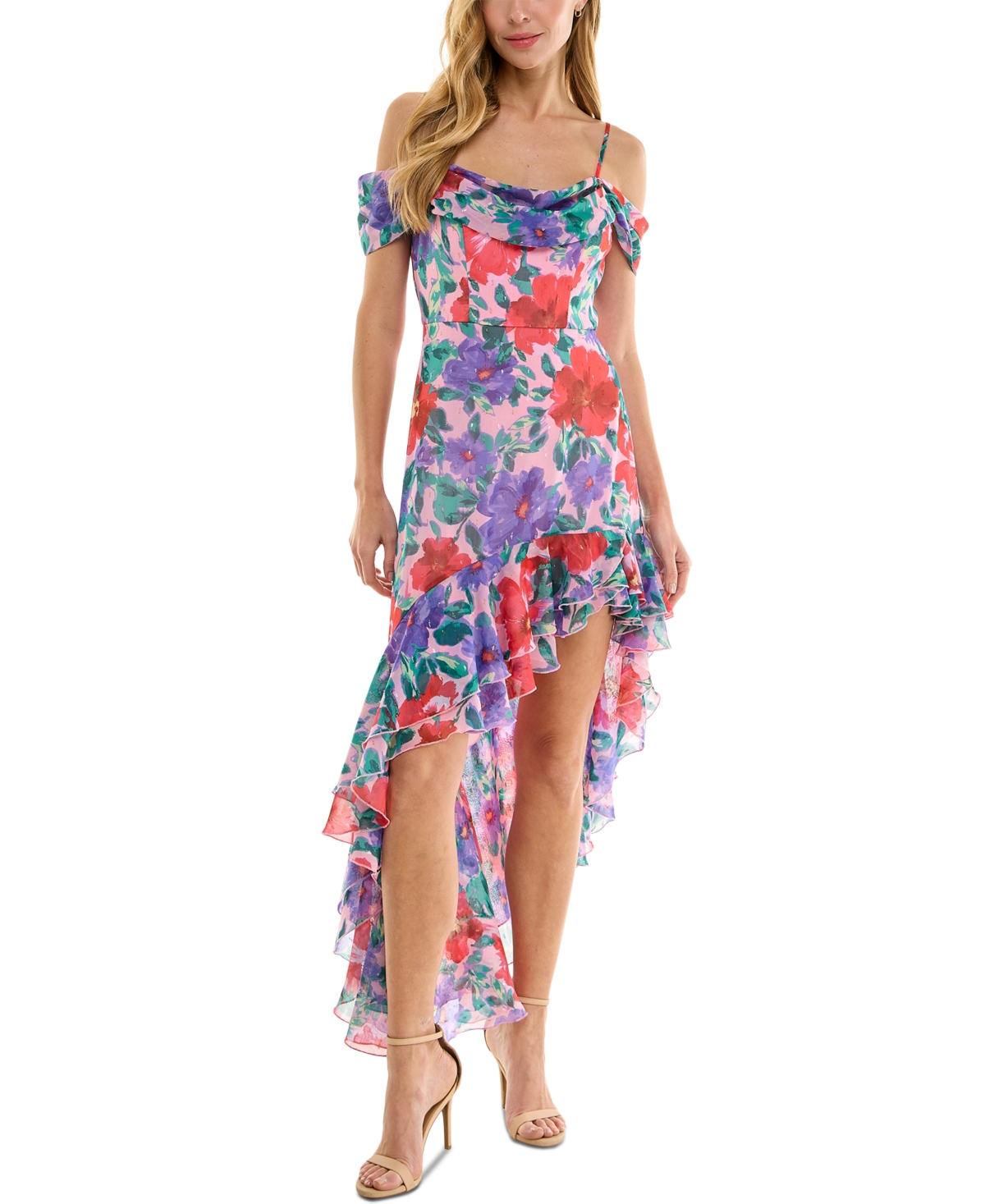 Juniors' Floral-Print Cold-Shoulder Ruffle-Trim Dress - Pink/multi