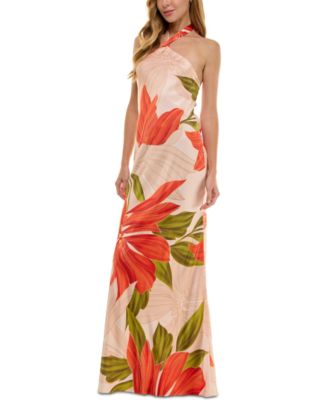 Juniors' Printed Halter-Neck Satin Long Dress