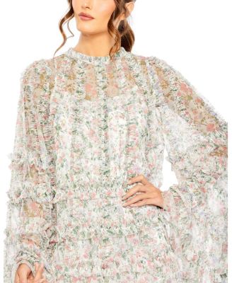 Women's Floral Print Long Flare Sleeve Mesh A-Line Dress