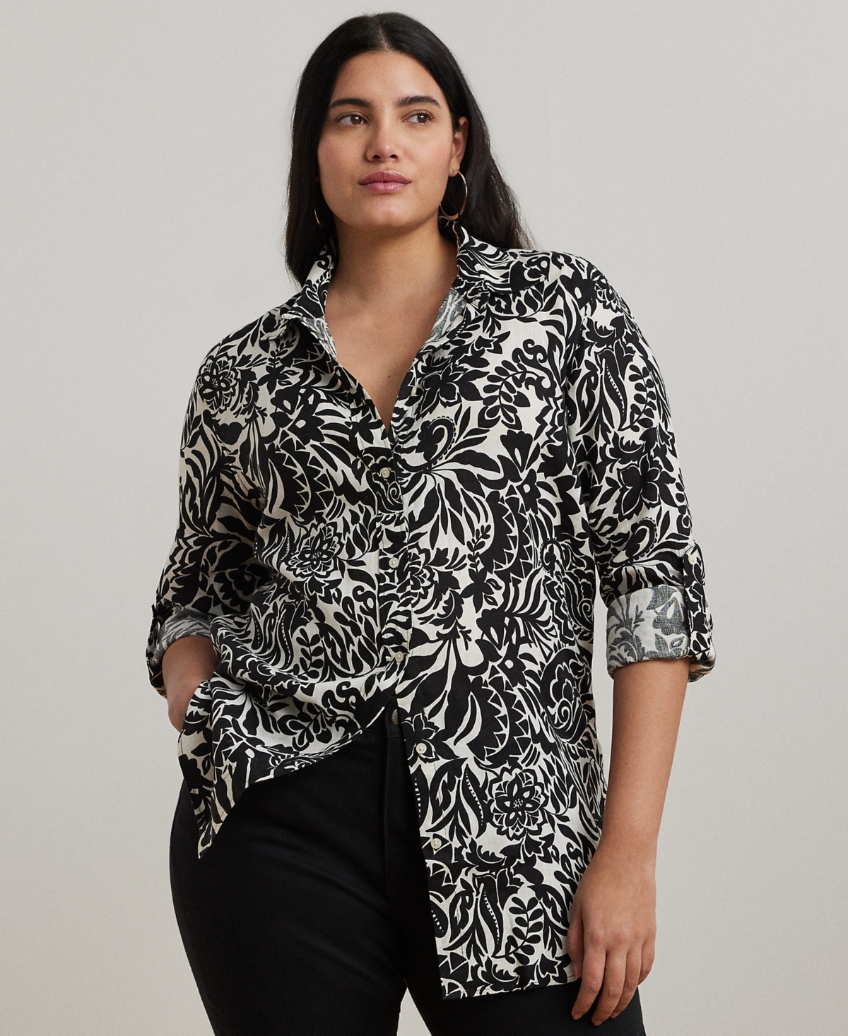 Plus Size 100% Linen Roll-Tab Shirt - Cream Tan