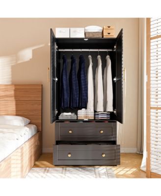 Shaker Style Classic Two-Door Wardrobe, Solid Wood Bedroom Armoire with Hanging Rod and Shelves