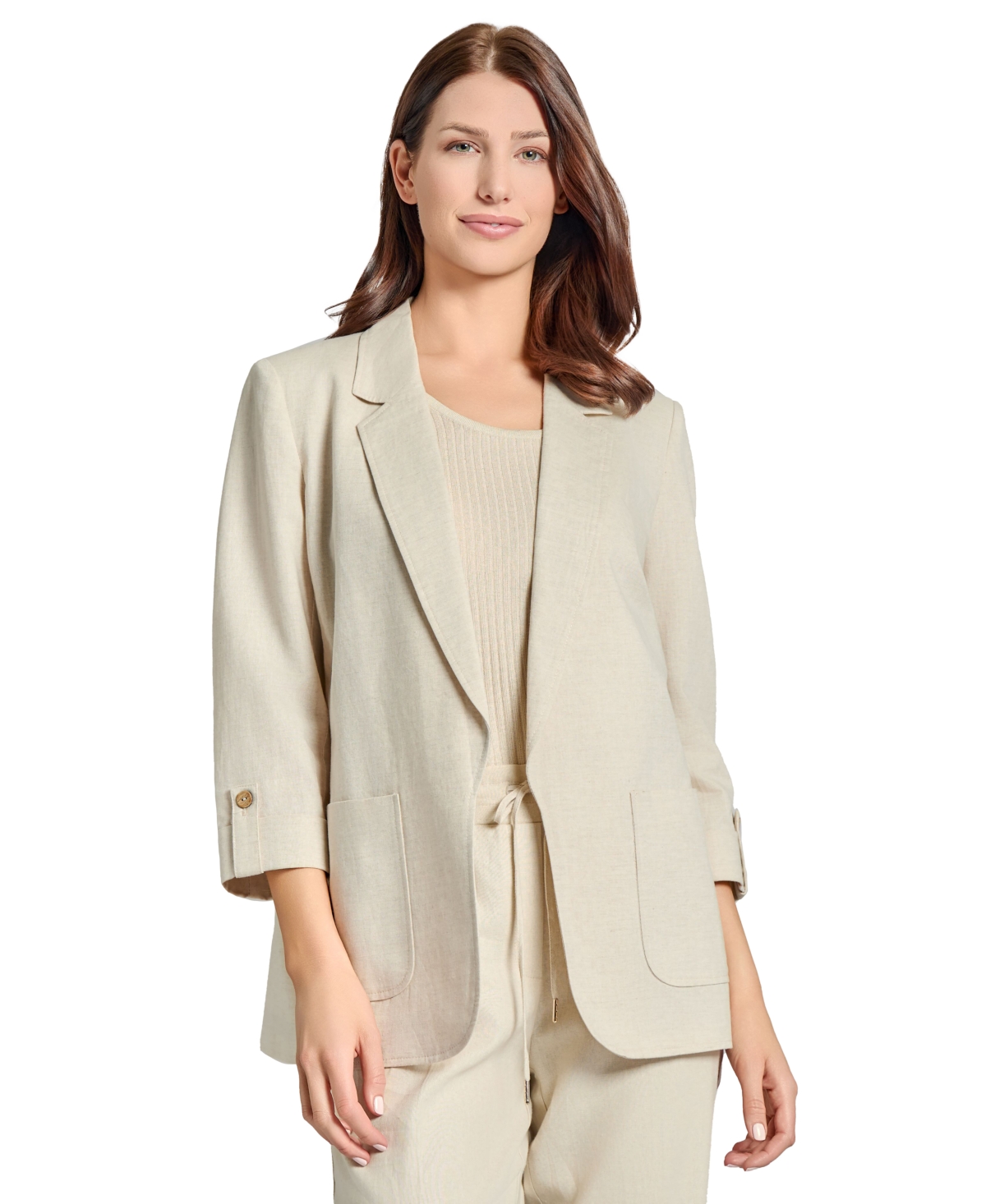 Jones New York Roll Tab Sleeve Linen Blend Blazer In Natural Stone