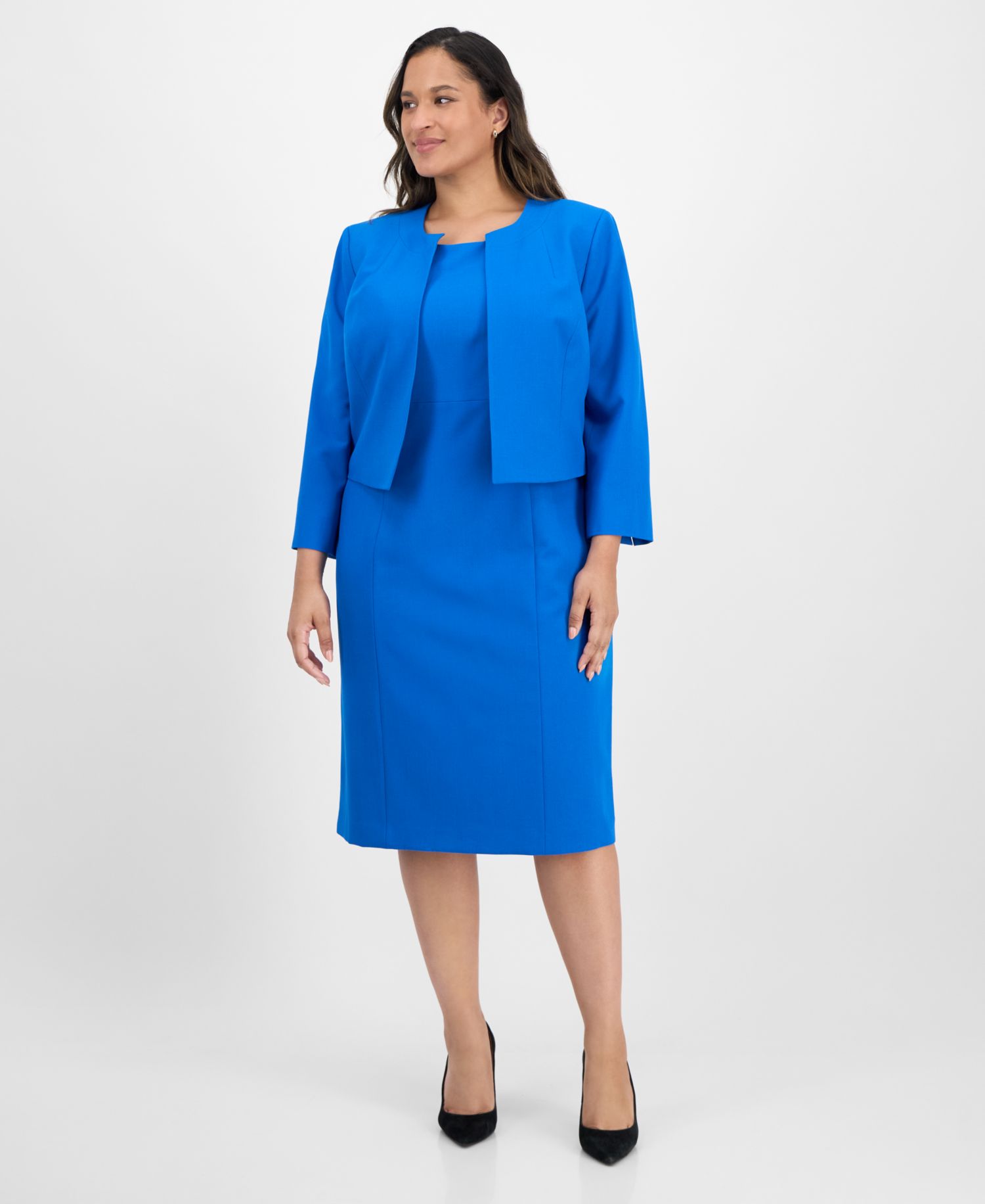 Plus Size Open-Front Collarless Jacket and Sheath 2 Piece Dress Suit
