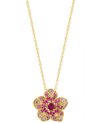 EFFY&reg; Pink Sapphire (5/8 ct. t.w.) & Ruby (1/10 ct. t.w.) Flower Pendant Necklace in 14k Rose Gold, 17" + 1" extender