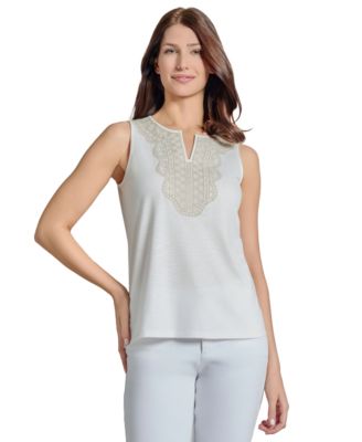 Jones New York - Petite Sleeveless Embroidered V-Neck Top