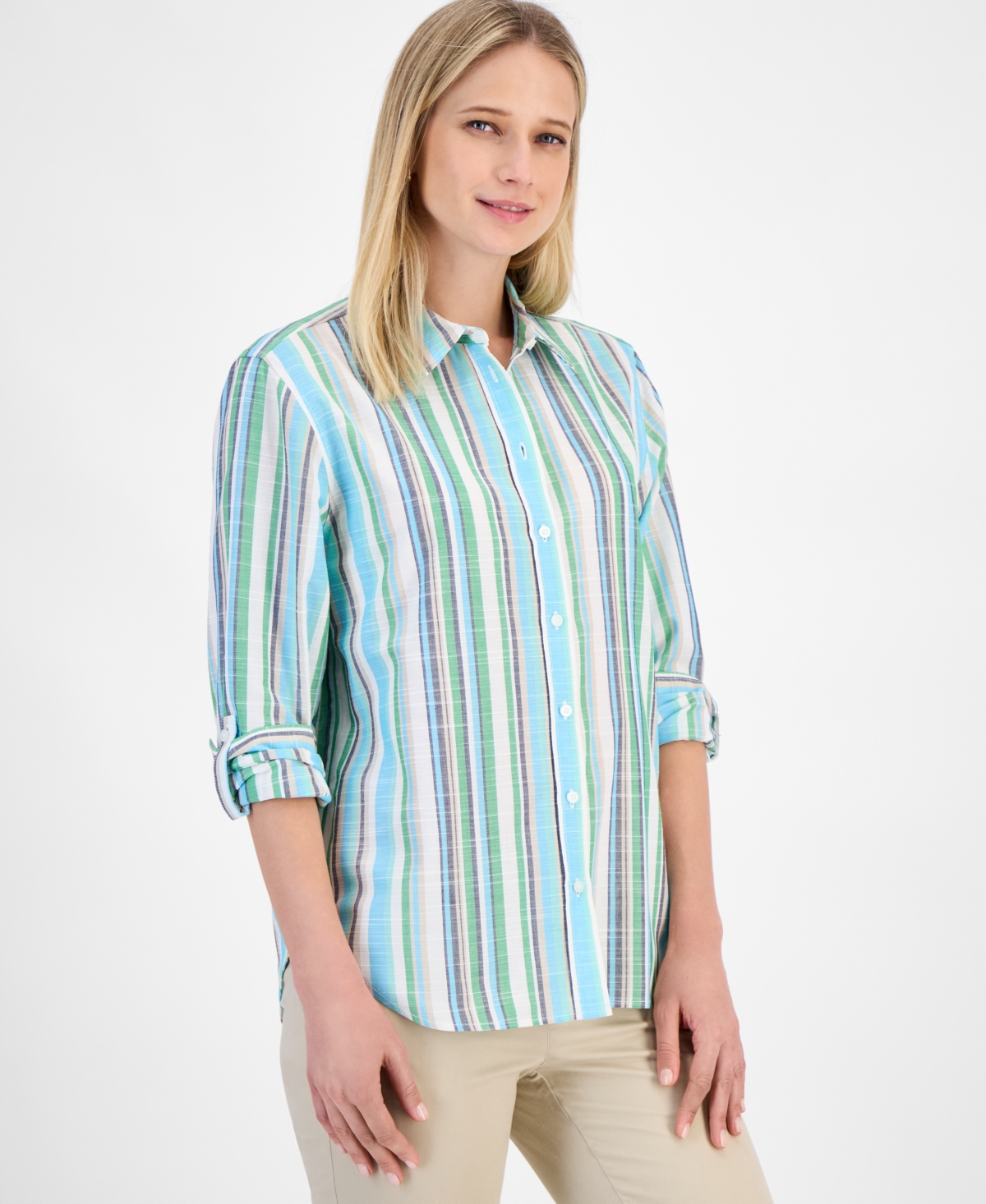Nautica Jeans Women's Striped Roll-tab Button Shirt