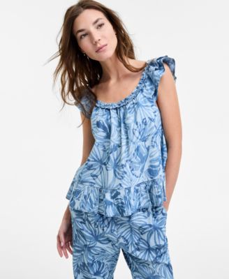 Nautica Jeans - Women's Palm-Print Sleeveless Shoulder-Ruffle Top