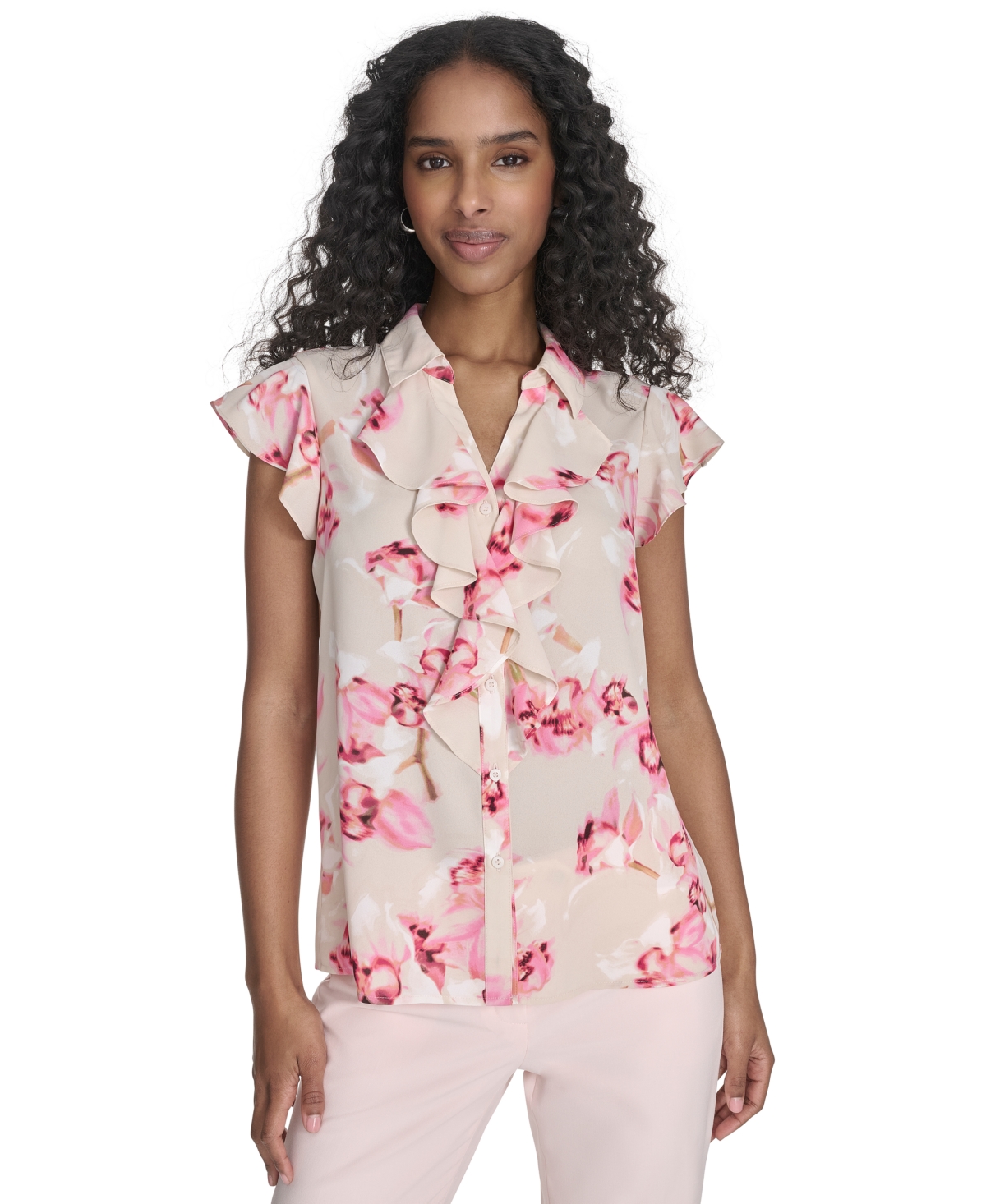 Shop Calvin Klein Petite Printed Ruffle-front Blouse In Soft Taupe Multi