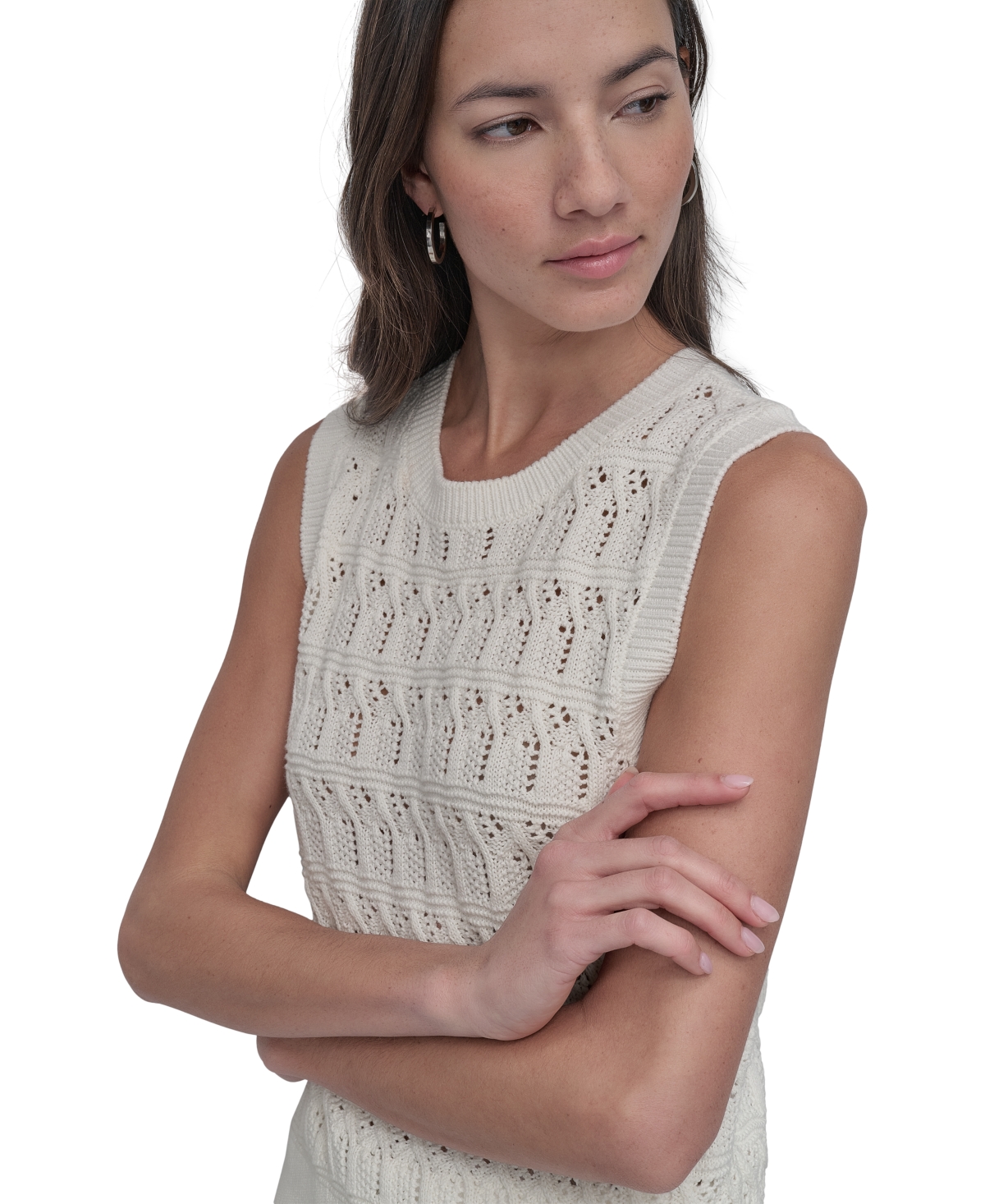 DKNY JEANS WOMEN'S COTTON POINTELLE-KNIT SLEEVELESS SWEATER 