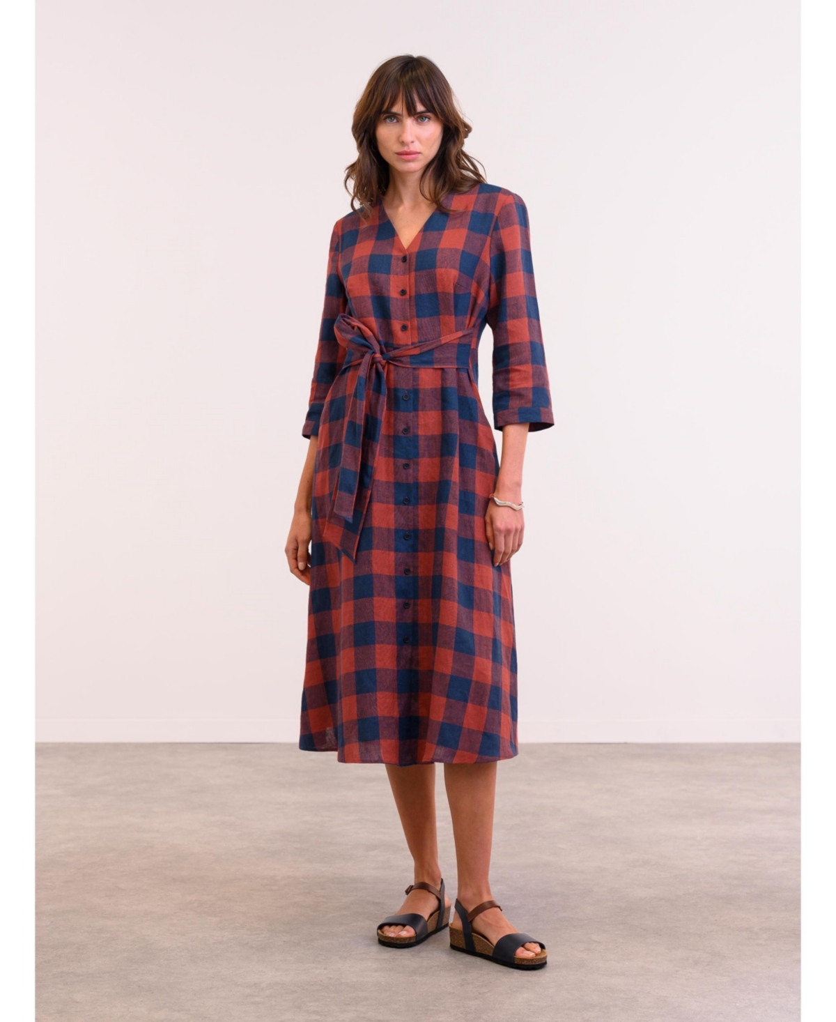 Women's Check Tie Front Midi Shirt Dress - Rust / navy check