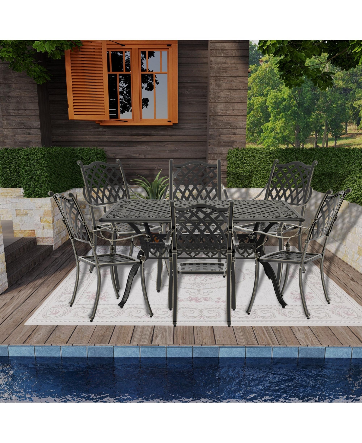 7pcs Cast Aluminium Outdoor Dining Set Patio Dining Set Patio Bistro Set 6 Outdoor Dining Chairs and 59 Inches Rectangular Dining Table for Balcony Po