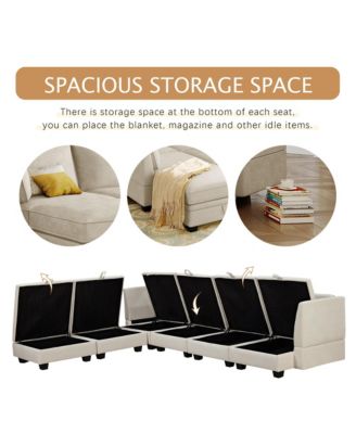 Modern Large 6 Pc. Linen Upholstered Wood Convertible Storage U-Shape Sectional Sofa Bed with Reversible Chaise