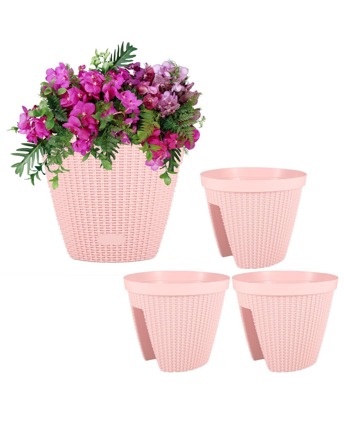 12'' Balcony Rattan Pattern Railing Planter Box with Drainage Holes and Adjustable Brackets for Outdoor Garden Patio,Deck,Fence Set of 4 - Pink