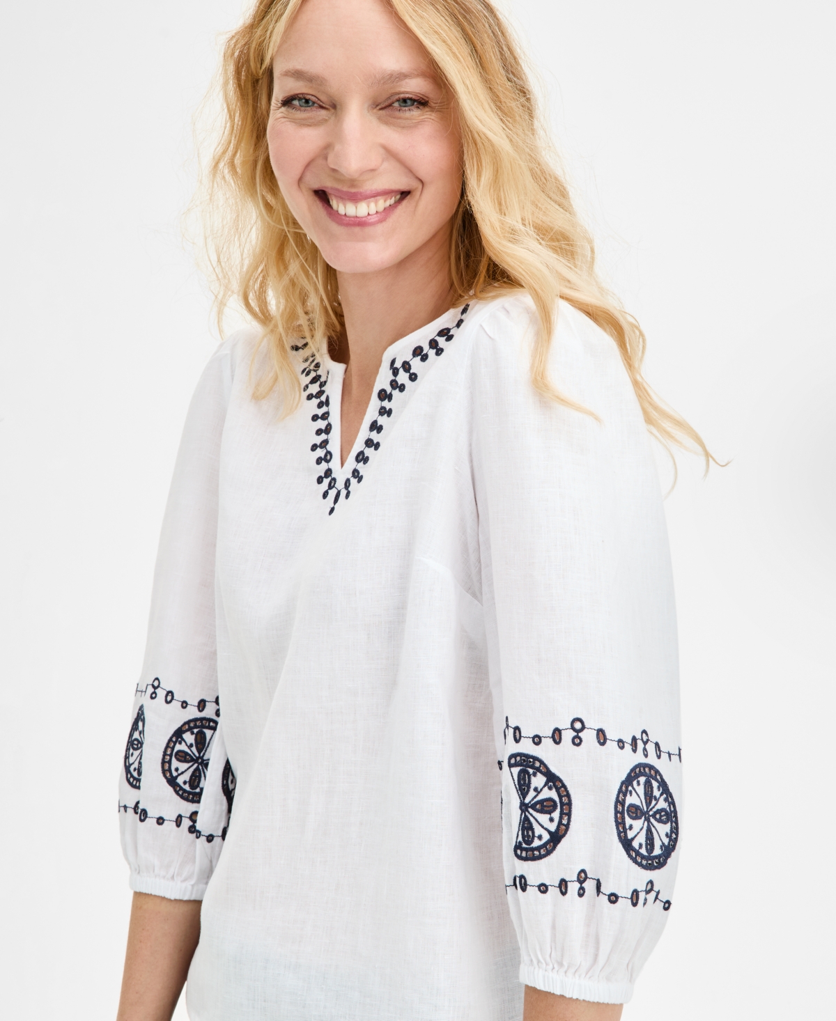 CHARTER CLUB WOMEN'S EMBROIDERED 100% LINEN TOP, EXCLUSIVELY AT MACY'S 