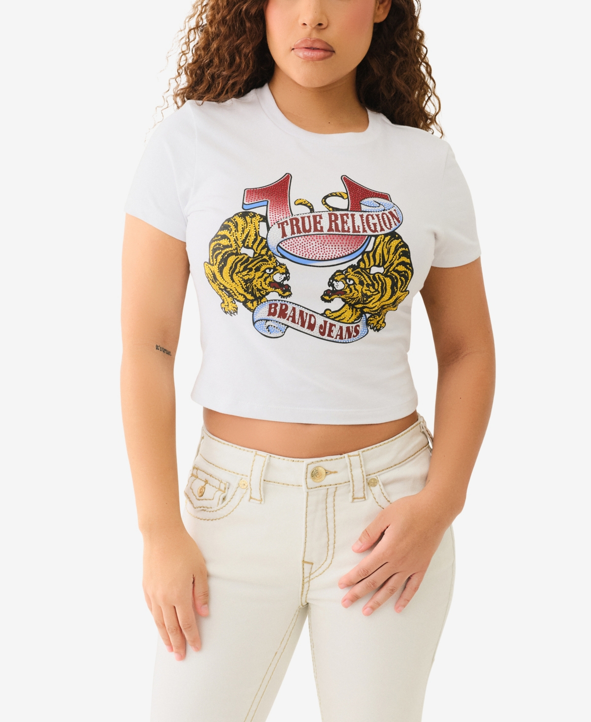 Shop True Religion Women's Ss Crystal Tiger Baby Crewneck T-shirt In Brilliant White