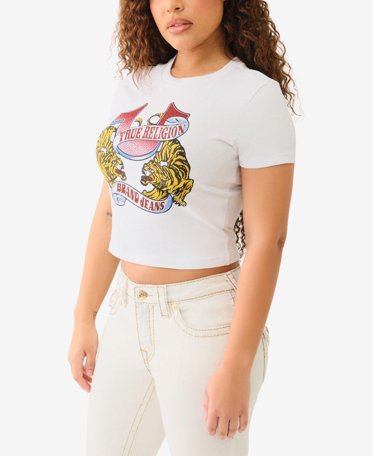 Shop True Religion Women's Ss Crystal Tiger Baby Crewneck T-shirt In Brilliant White
