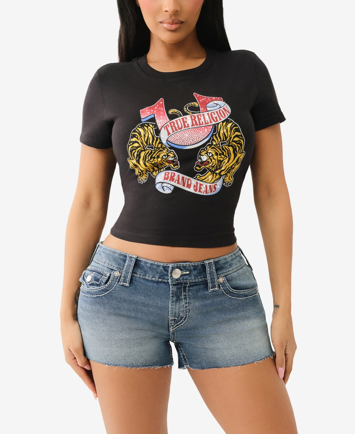 Shop True Religion Women's Ss Crystal Tiger Baby Crewneck T-shirt In Black