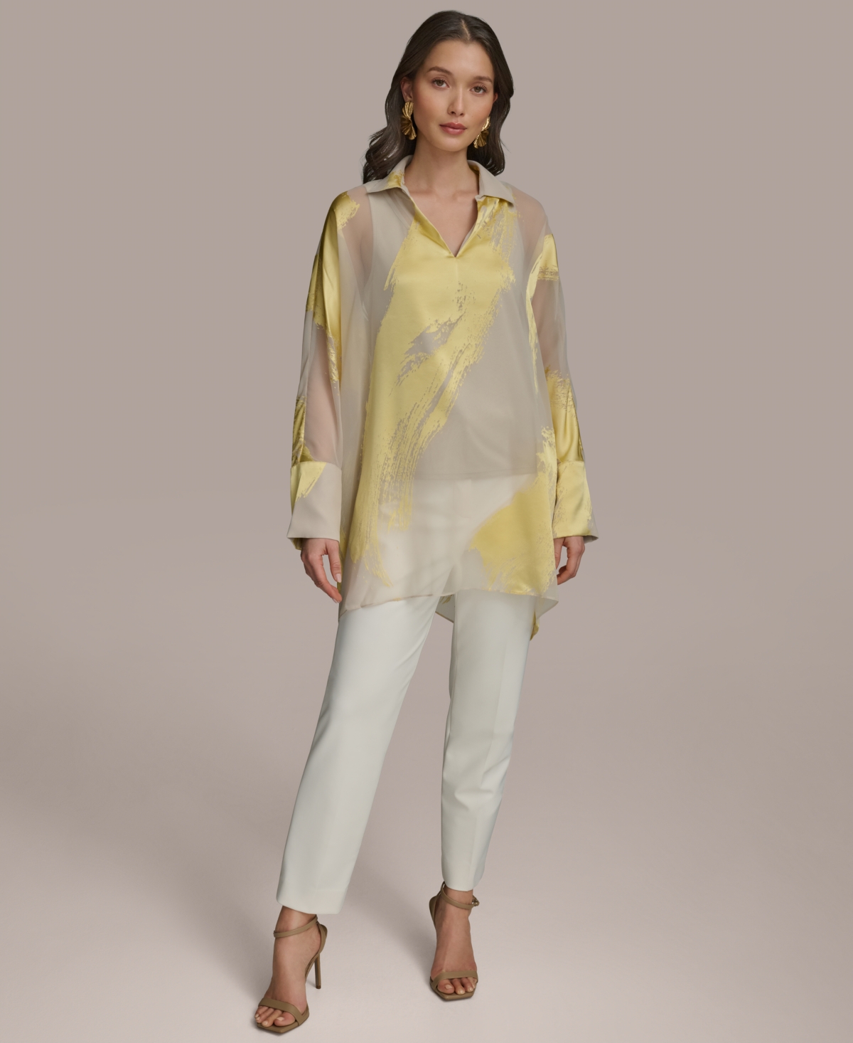 Donna Karan Womens Brushstroke Burnout Tunic Slim Leg Pants In Tuscan Grey,panna Cotta