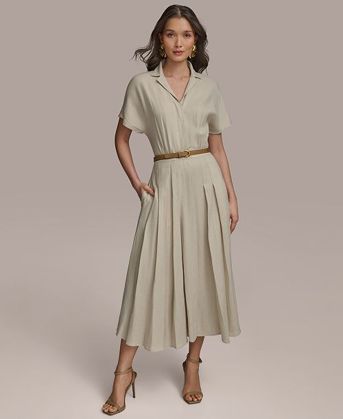 alfani Donna Karan New York Women's Linen-Blend Belted Shirtdress Women's Fashion Shoes & Accessories