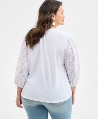 売れ筋商品|||スタイルアンドコー カットソー トップス レディース Women's Eyelet Split-Neck Blouse, Exclusively at Macy's Bright White Combo 27024809_fpx.tif?$filterlrg$&
