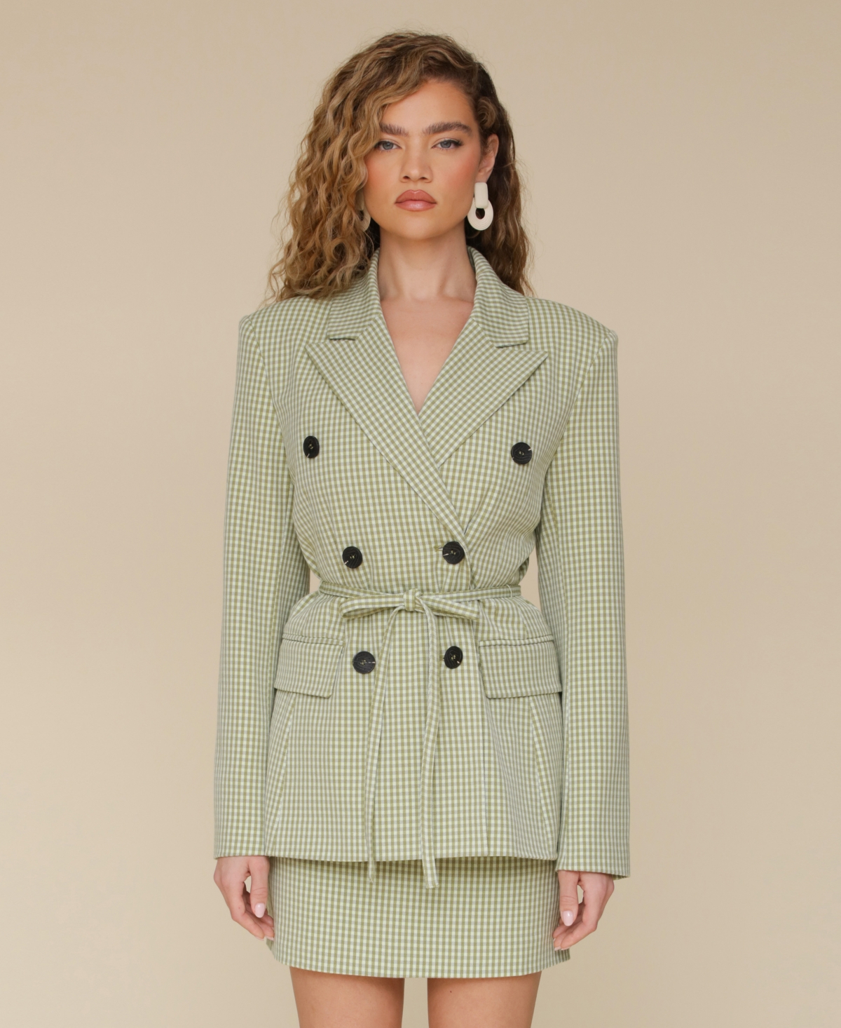 Avec Les Filles Double Breasted Gingham Blazer In Avocado Gingham