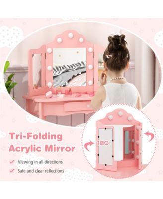 Kid Vanity Table Stool Set with Tri-Folding Mirror and 3-Color LED Lights