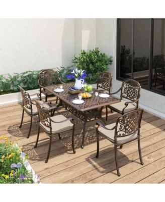 7-Piece Cast Aluminum Outdoor Patio Dining Set with Brown Cushions