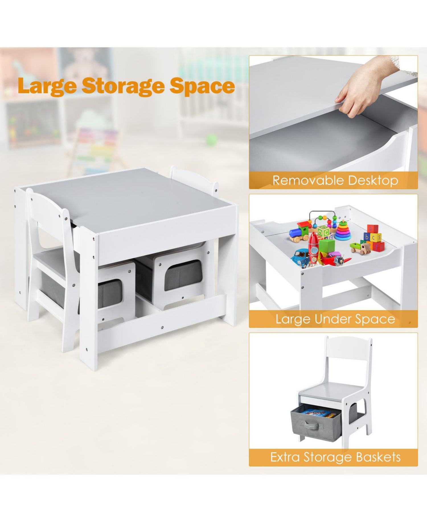 Kids Table Chairs Set with Storage Boxes Blackboard Whiteboard Drawing