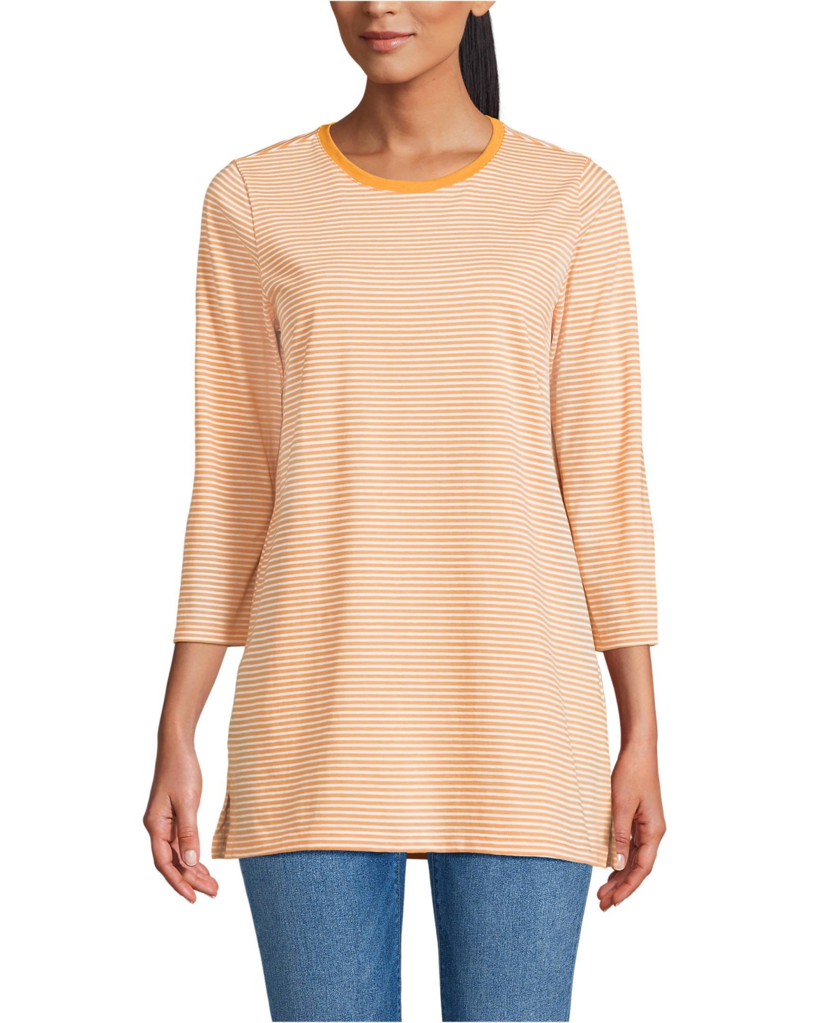 Women's 3/4 Sleeve Cotton Supima Tunic - Sweet mango micro stripe