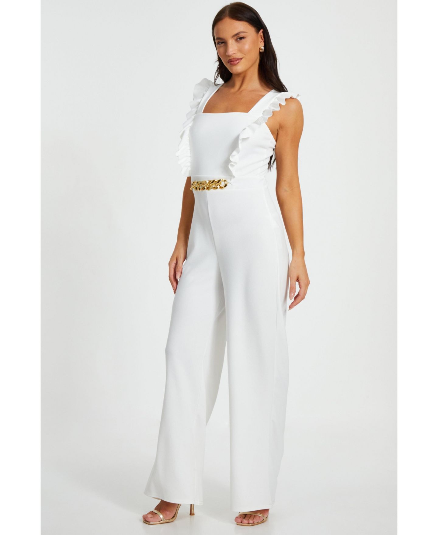 Женский комбинезон QUIZ Scuba Crepe Frill Chain Front Jumpsuit - Black, цвет: Белый — фото 2