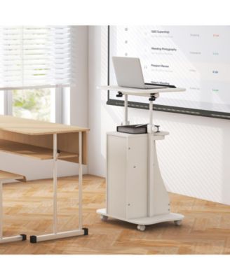 Mobile Podium Stand Height Adjustable Laptop Cart with Tilting Tabletop and Storage Compartments