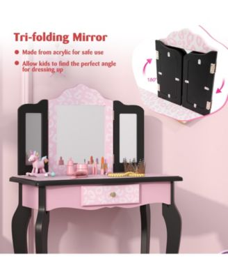 2 in 1 Princess Dressing Table Writing Desk with Cute Leopard Print 3 Makeup Accessories
