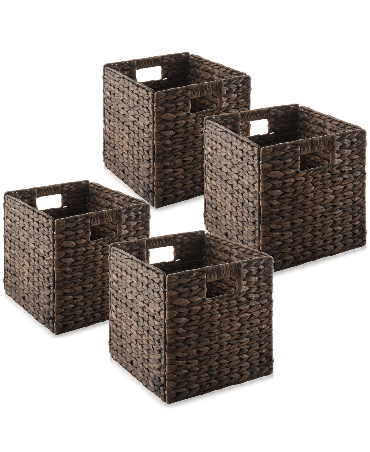 10.5" x 10.5" Water Hyacinth Storage Baskets, Espresso - Set of 4 Collapsible Cube Organizers, Woven Bins for Bathroom, Bedroom, Laundry, Pa